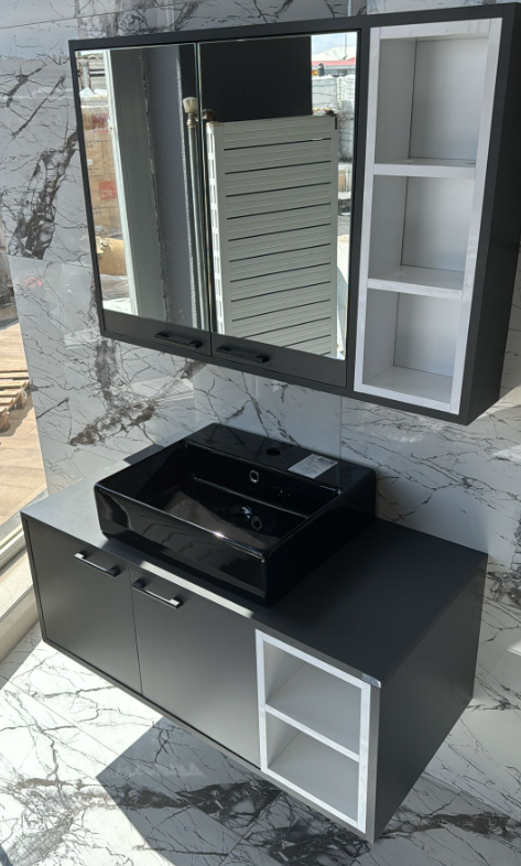100 CM DOLAP GİRNE TAKIM - ANTRASİT - BEYAZ/LAVABO:SİYAH-KARE