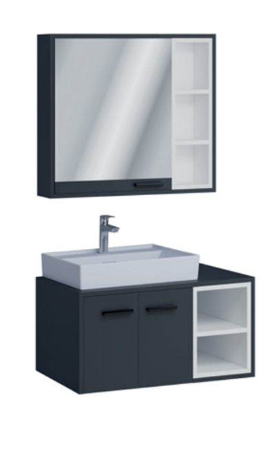 80 CM DOLAP GİRNE TAKIM - ANTRASİT - BEYAZ/LAVABO:SİYAH-KARE