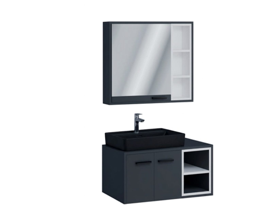 80 CM DOLAP GİRNE TAKIM - ANTRASİT - BEYAZ/LAVABO SİYAH-KARE